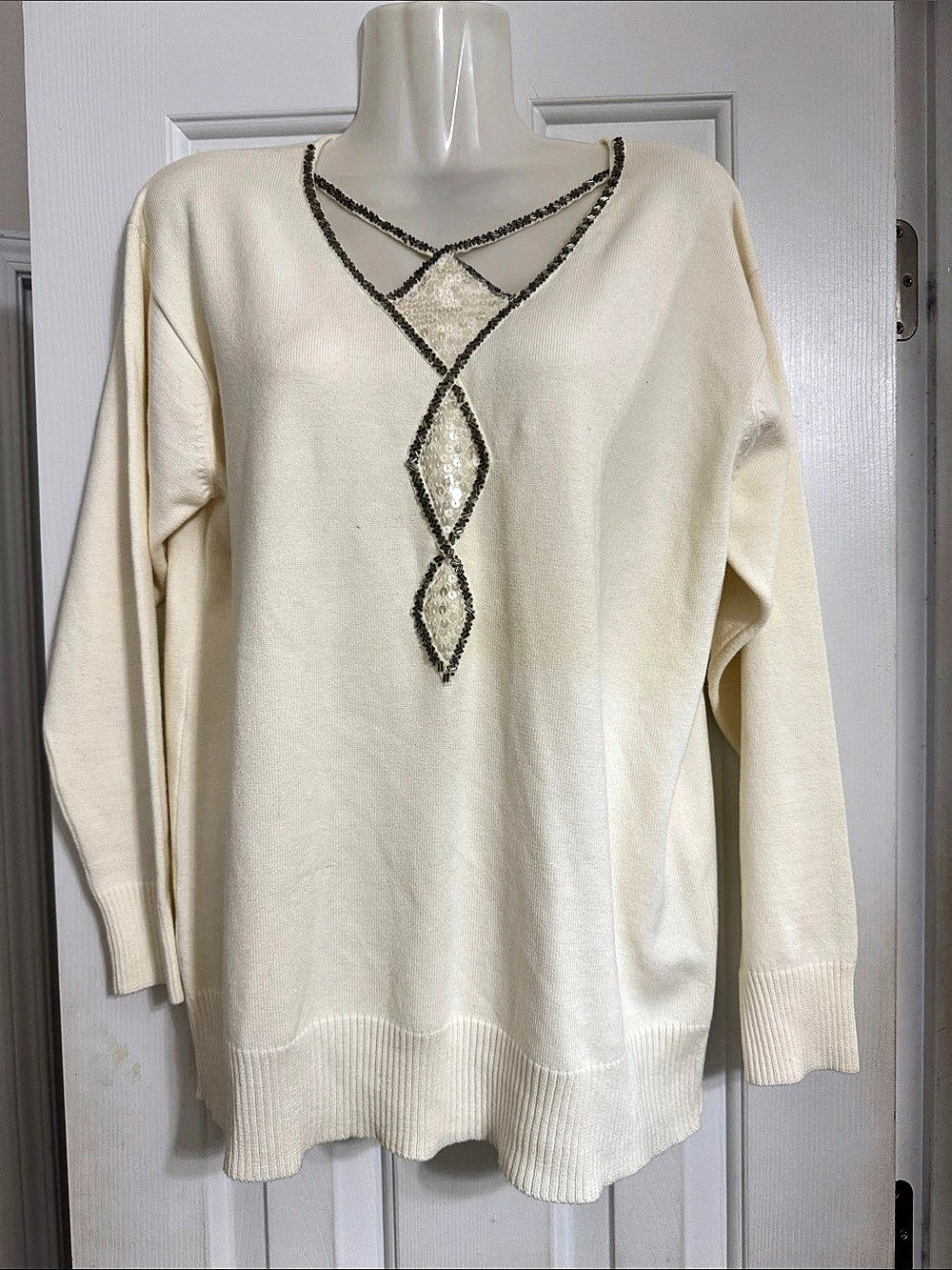 Bob Mackie Embellished Sweater in Cream Small NWT